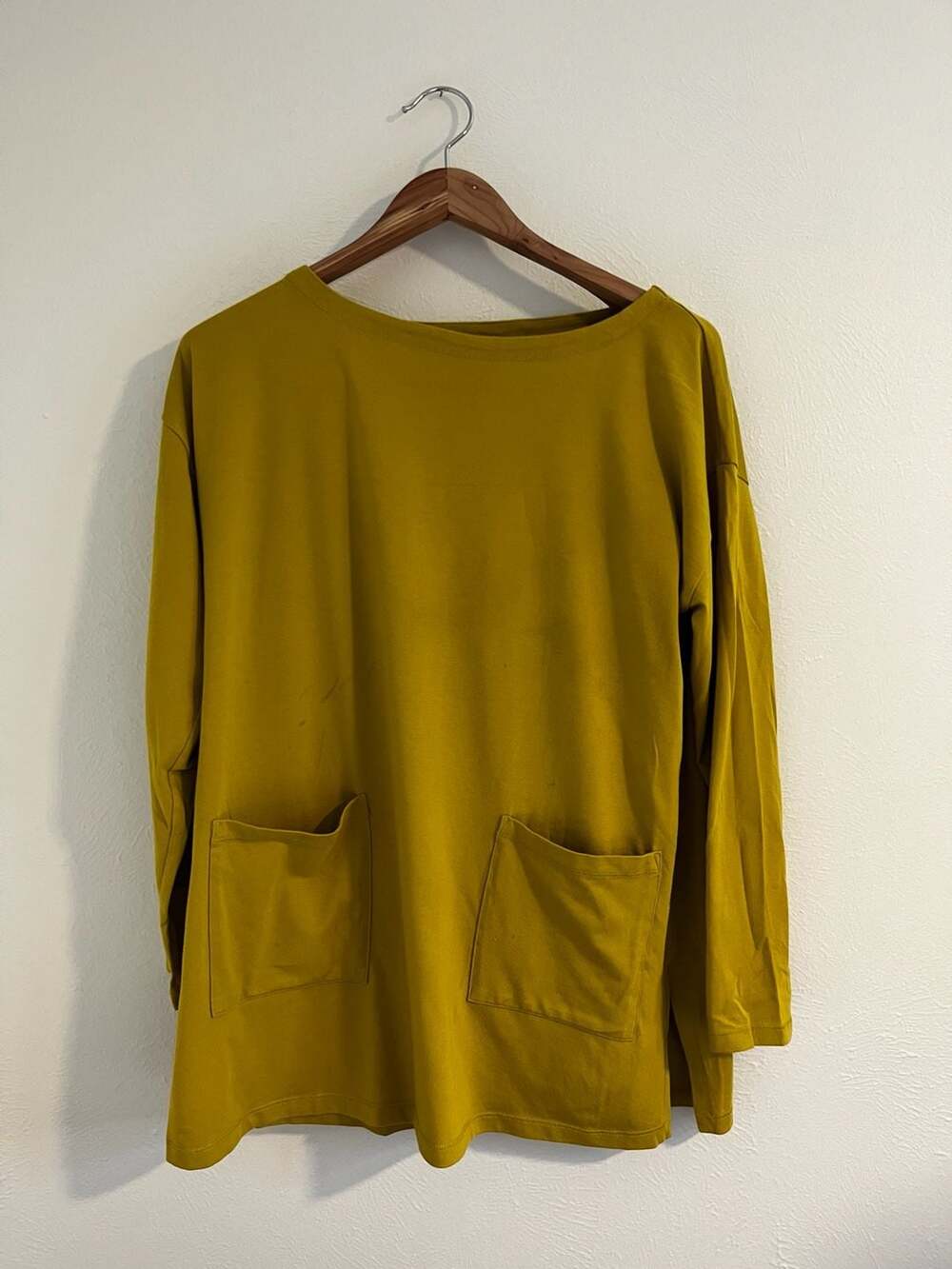 Eileen Fisher Yellow Long Sleeve Crewneck Tunic Top with Front Pockets